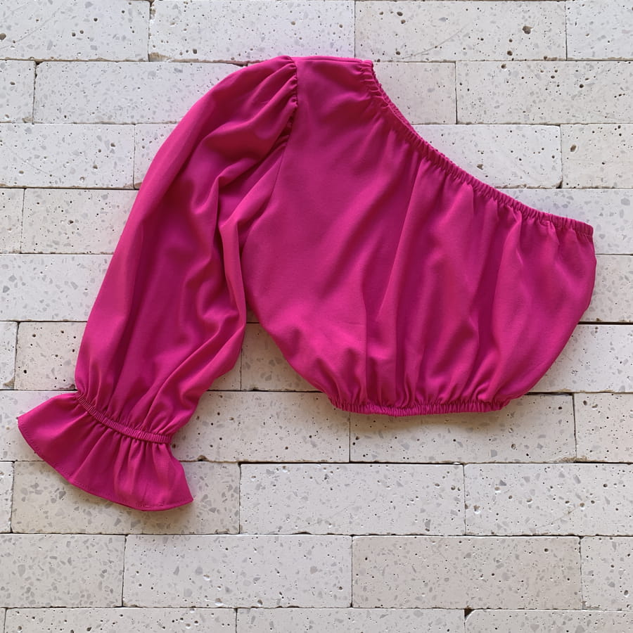 Conjunto Cropped Um Ombro Só e Calça Pantalona Pink Dondoca Moda Feminina