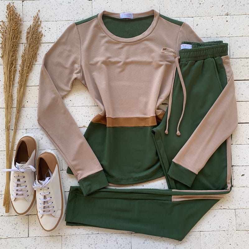 Conjunto Moletinho Manga Longa Recortes Verde E Nude Dondoca Moda Feminina