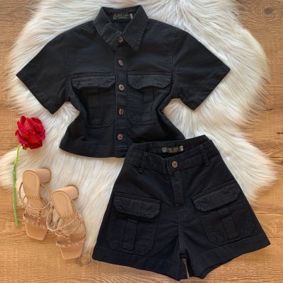 CONJUNTO XADREZ CROPPED E SHORT PRETO - Dondoca Moda Feminina