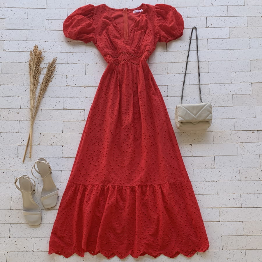 Vestido Feminino Longo Elegante Vermelho decote Princesa Moda