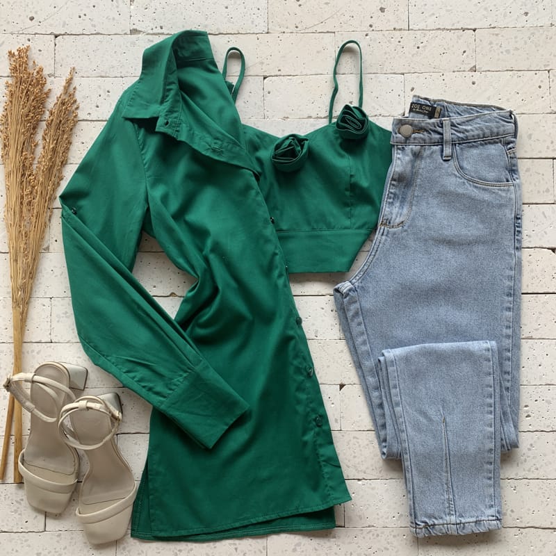 Conjunto Tricoline Camisa e Cropped Flor Luxo Verde Dondoca Moda