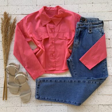 Camisa Cropped Tricoline com Bolso Luxo Pink