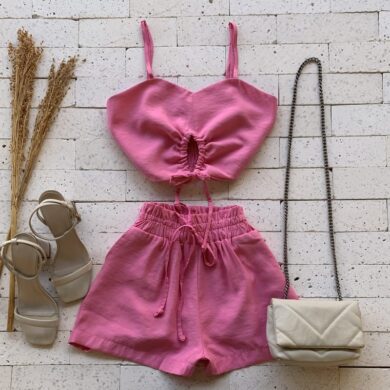 Conjunto Xadrez Saia E Cropped Branco / Rosa Shein