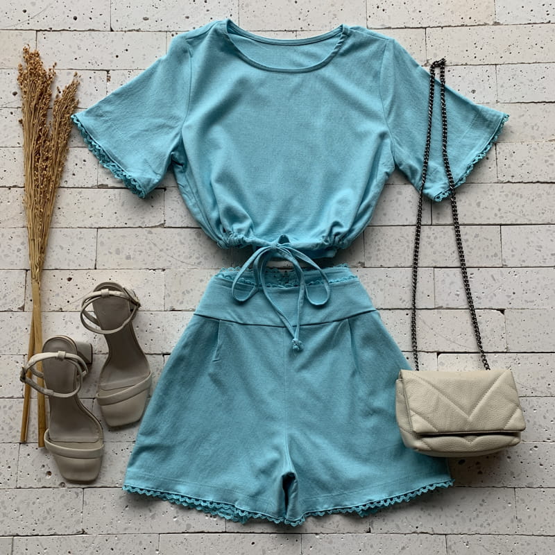 CONJUNTO LINHO E SHORT BARRA RENDA LUXO AZUL
