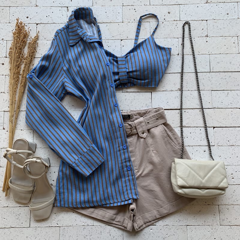 CONJUNTO LINHO E CAMISA LISTRADA PREMIUM AZUL