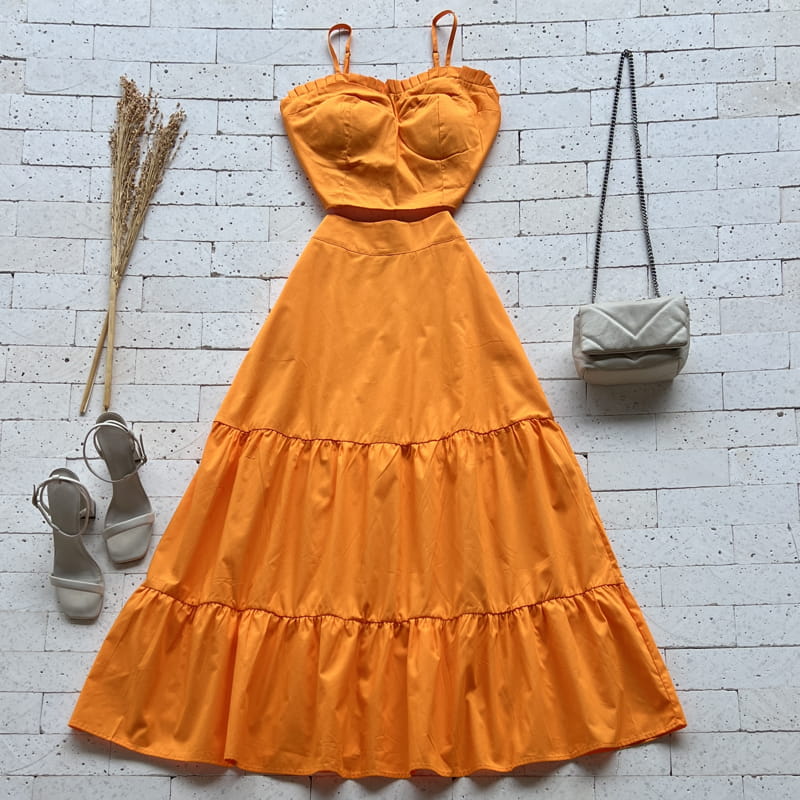 CONJUNTO TRICOLINE E SAIA LONGUETE LUXO LARANJA
